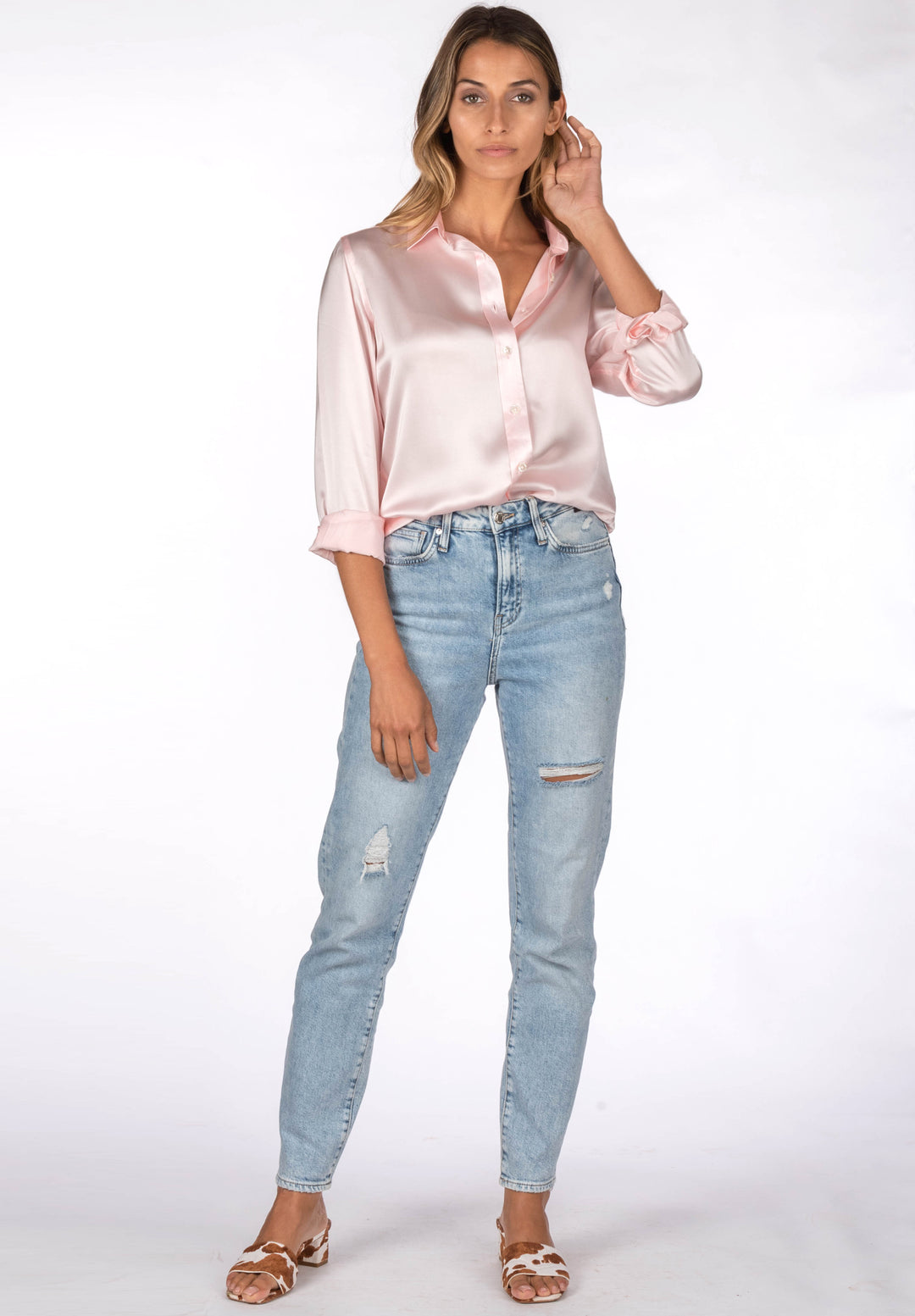 Satin-Silk Pale Pink Relaxed Fit Charmeuse Silk Shirt