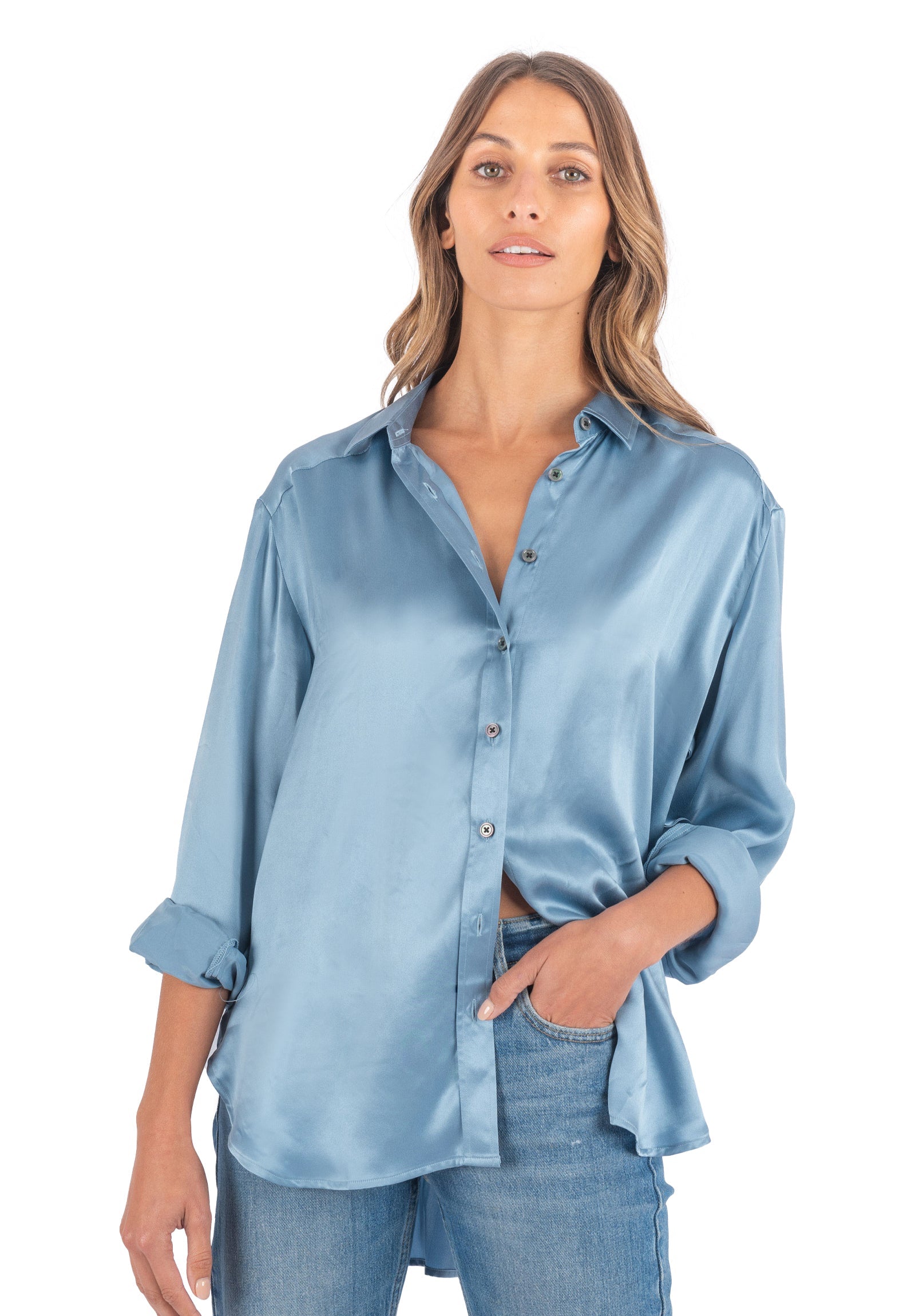 Soie Zenith Blue Oversized Shirt 100 Silk Shirt camixa
