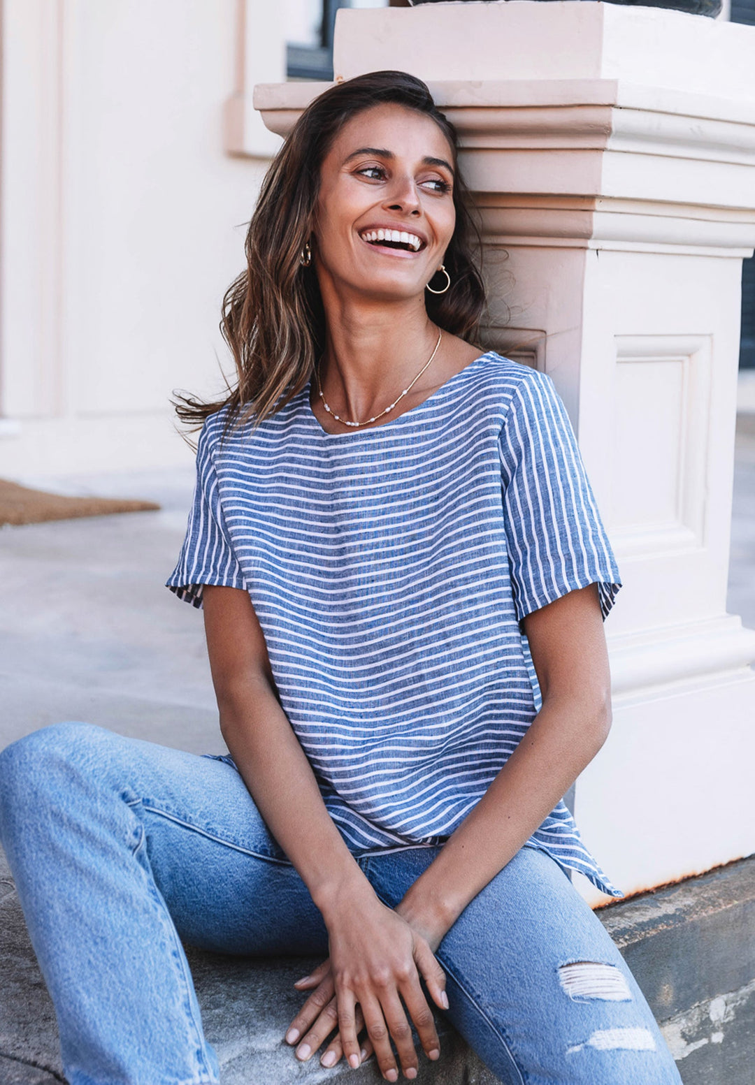 Teena Indigo Stripes, Linen T-Shirt Top