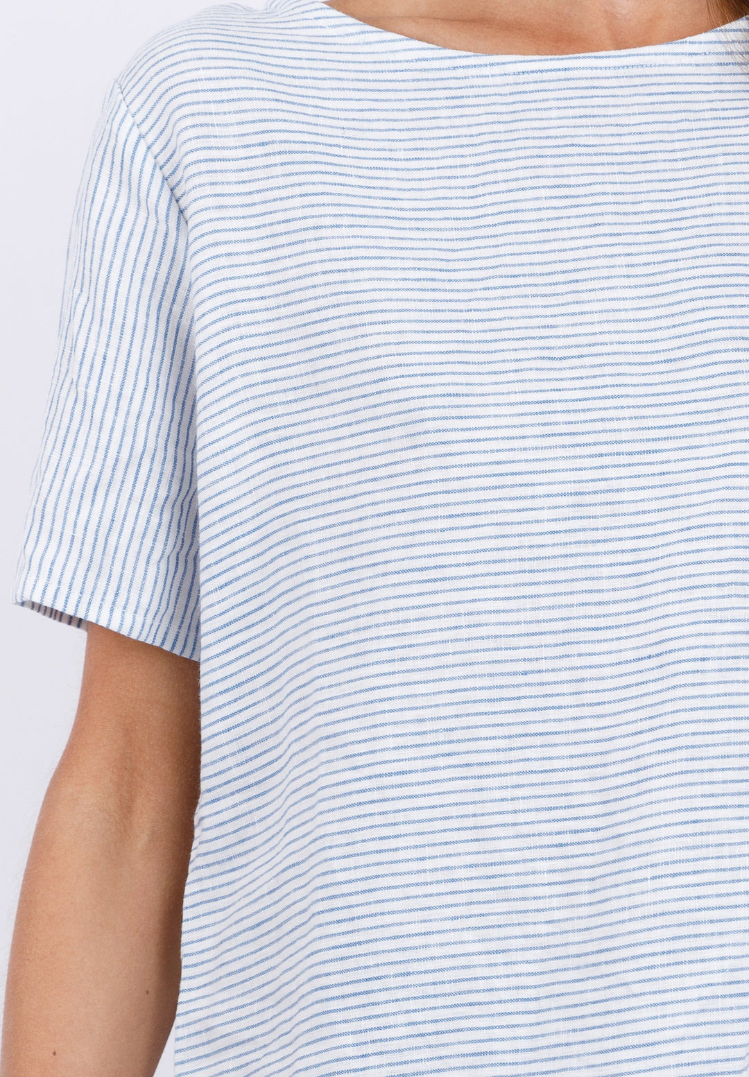 Teena Light Blue Stripes, Linen T-Shirt Top