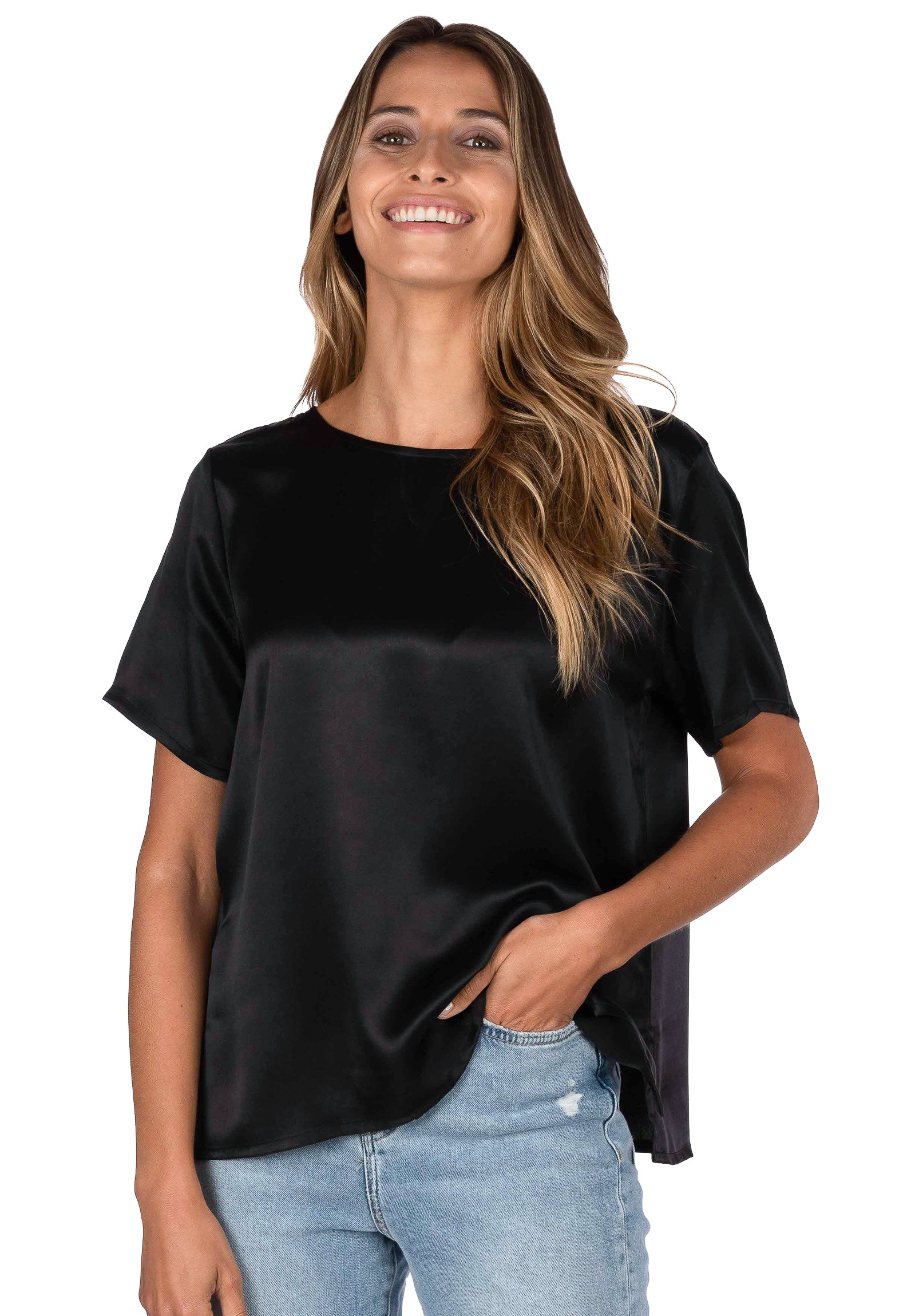 Teena-Satin Black 100% Silk T-Shirt – camixa.com