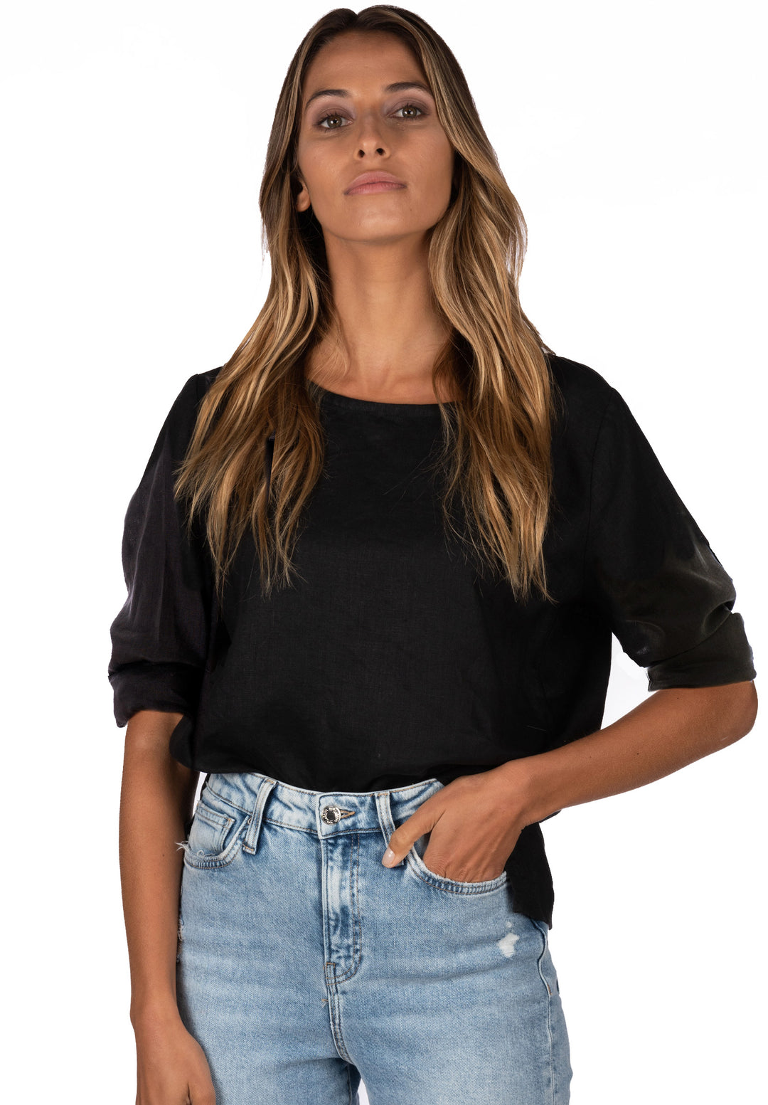 Teena Long Sleeve Black, Linen T-Shirt